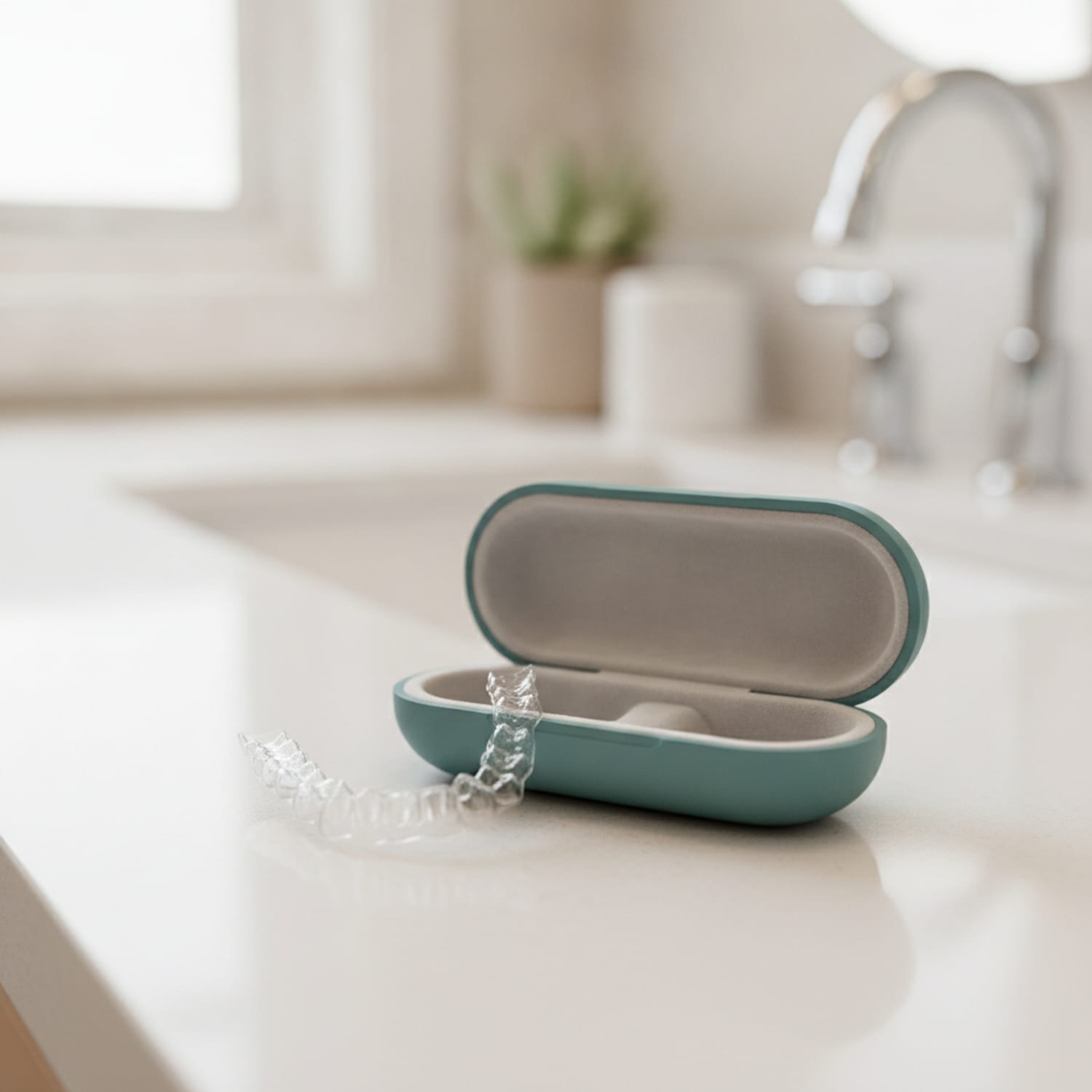 A clear aligner beside its protective case — daily life with Invisalign — Centre Dental NYC
