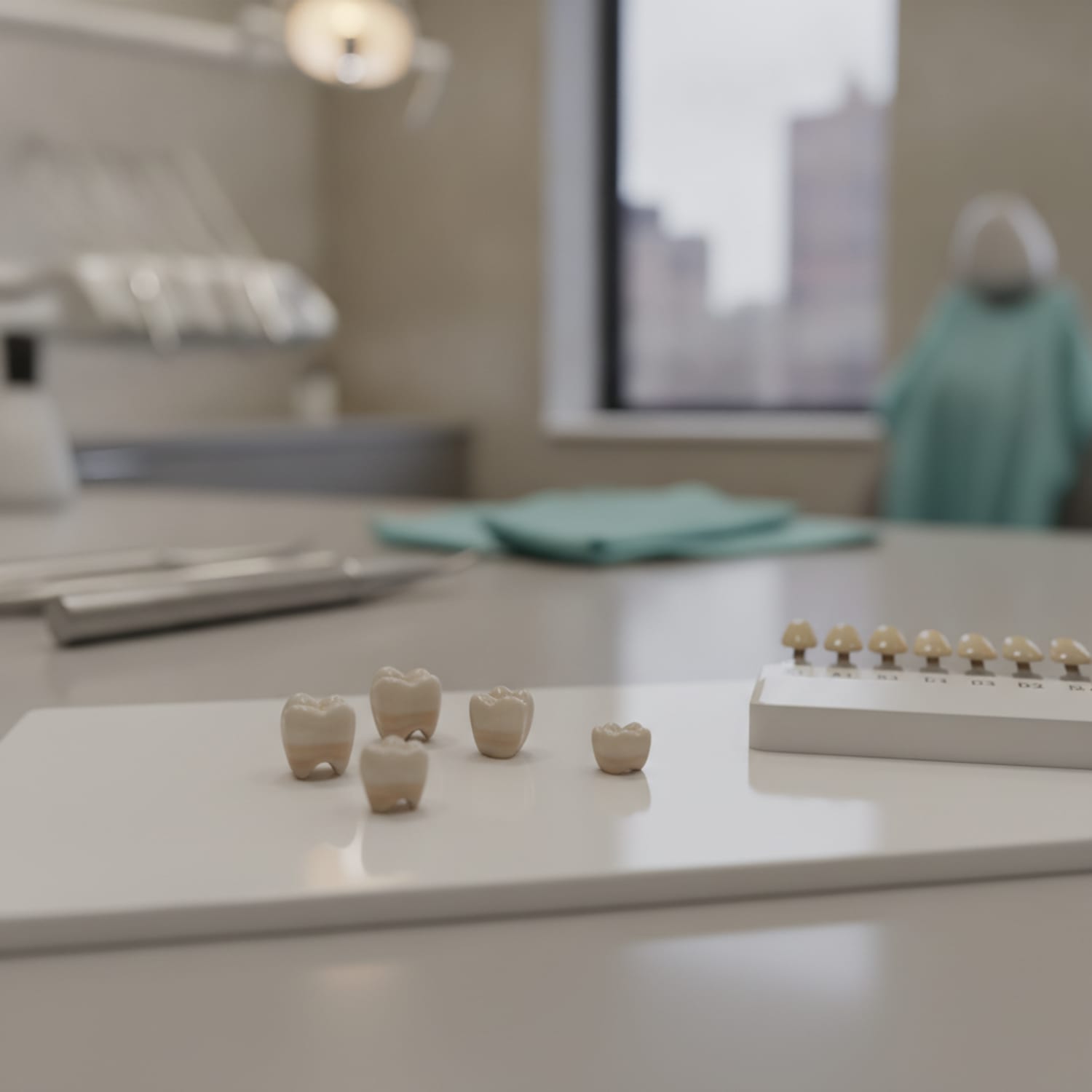 Milled ceramic crowns beside a shade guide — same-day crown dentistry — Centre Dental NYC