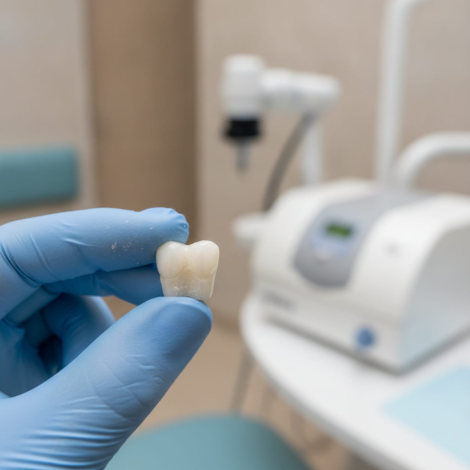 A freshly milled ceramic CEREC crown held in gloved fingertips — Centre Dental NYC