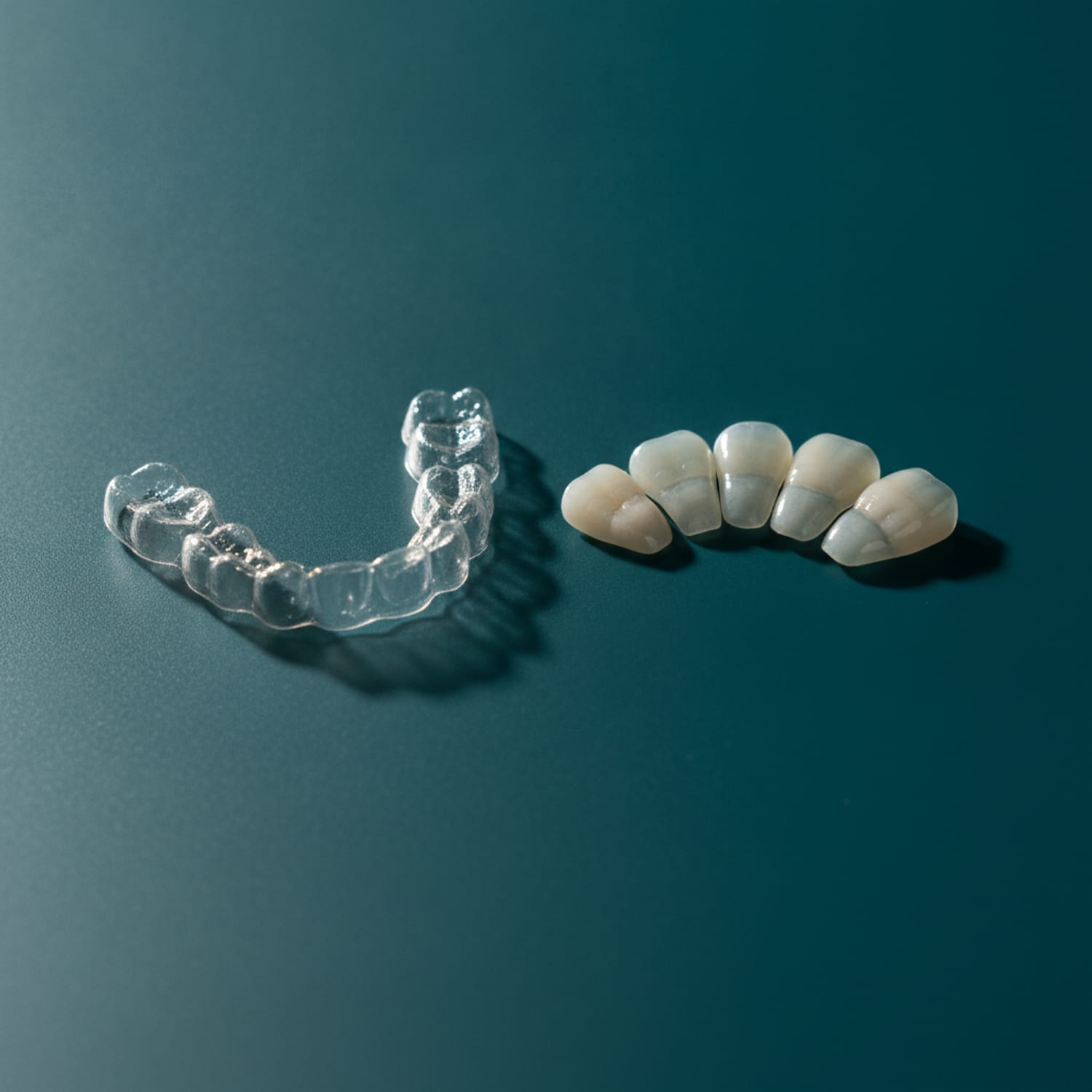 A clear alignment tray beside porcelain veneers — cosmetic and alignment dentistry at Centre Dental NYC