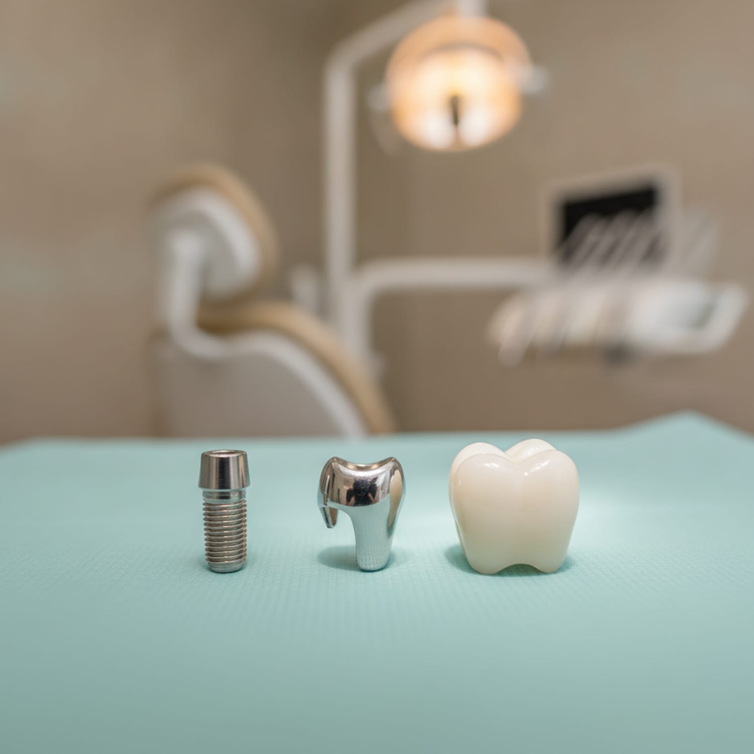 The three parts of a dental implant laid out: fixture, abutment, and ceramic crown — Centre Dental NYC