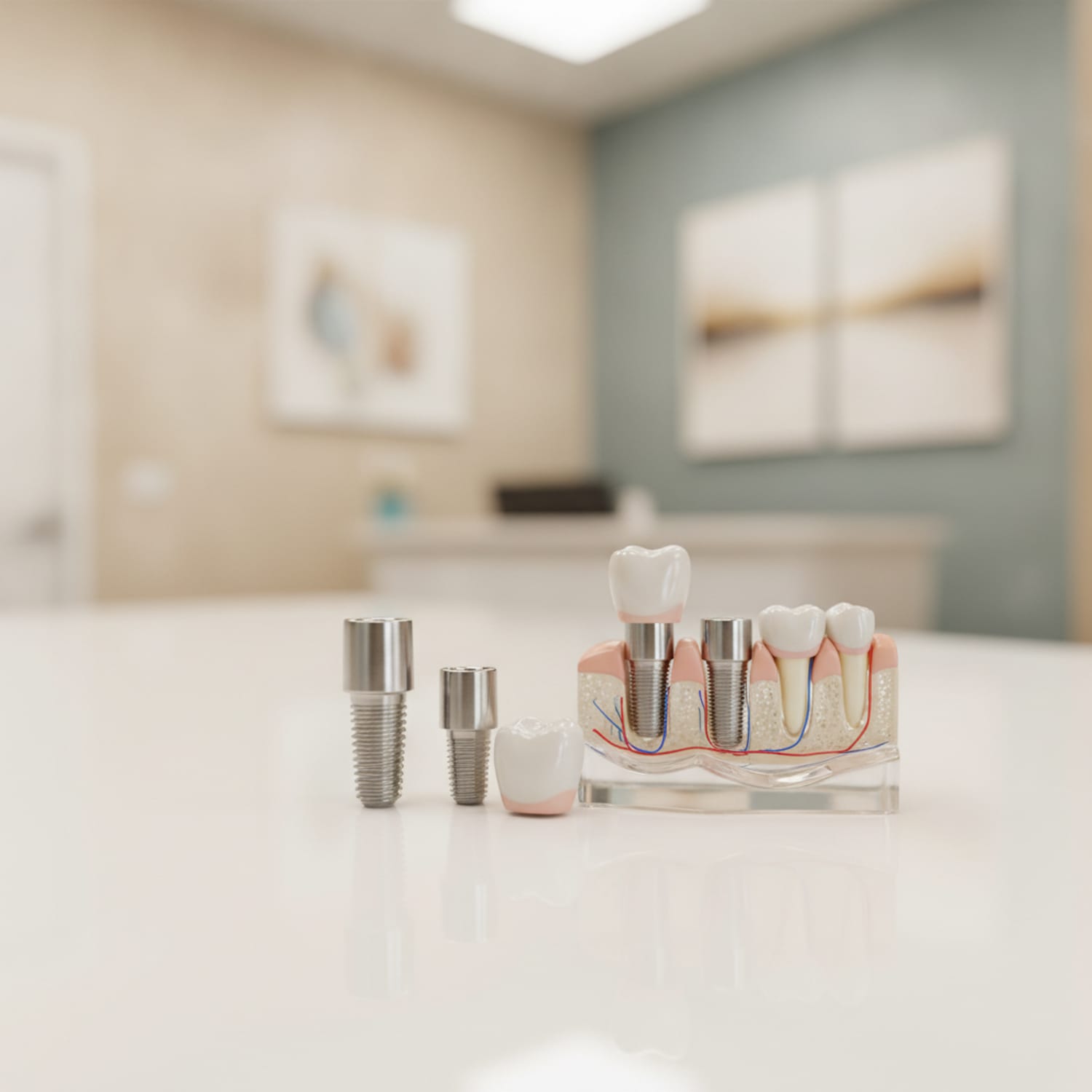 Dental implant model — titanium implant, abutment, and crown in a cross-section jaw — Centre Dental NYC