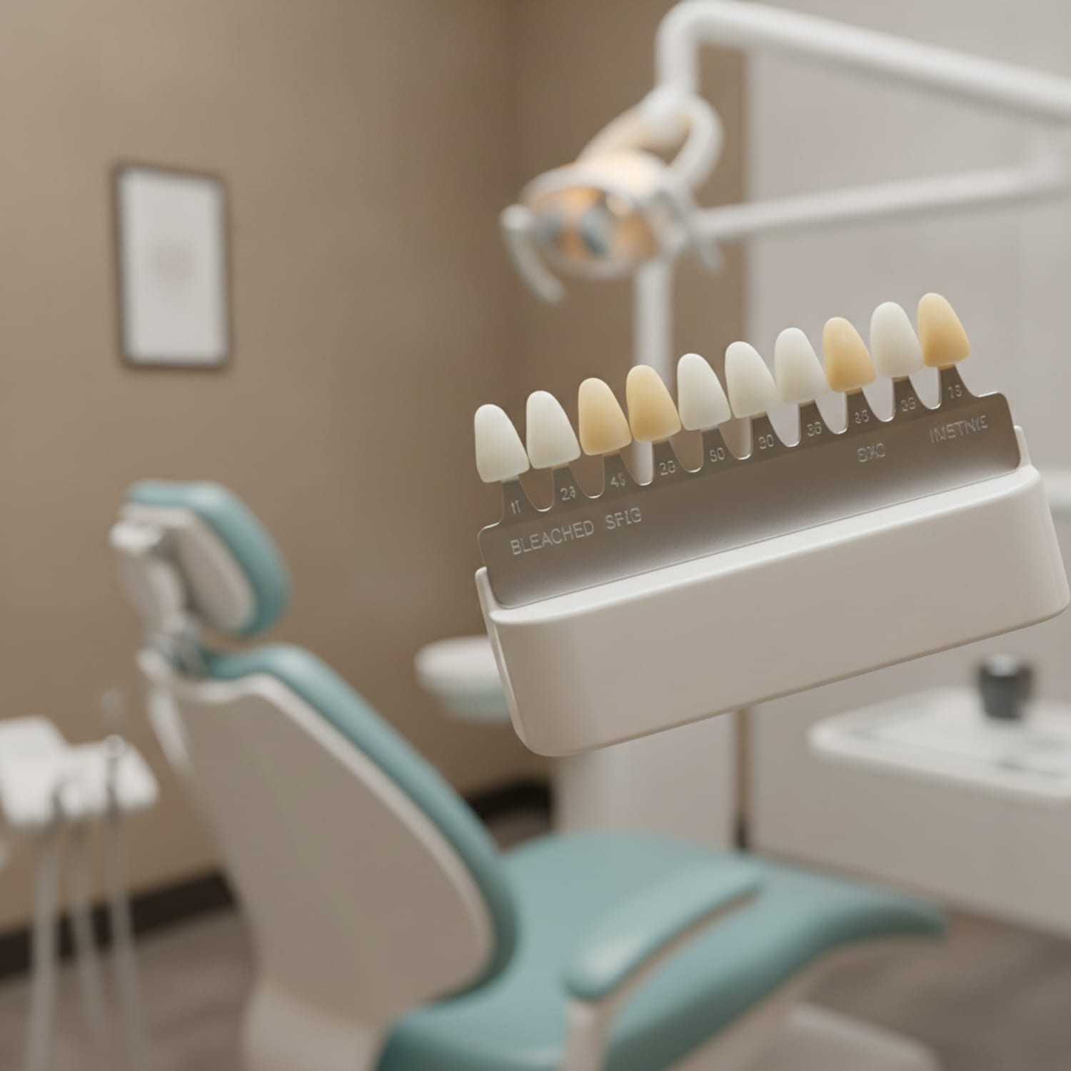 A tooth shade guide compared against a brighter tooth after professional whitening — Centre Dental NYC