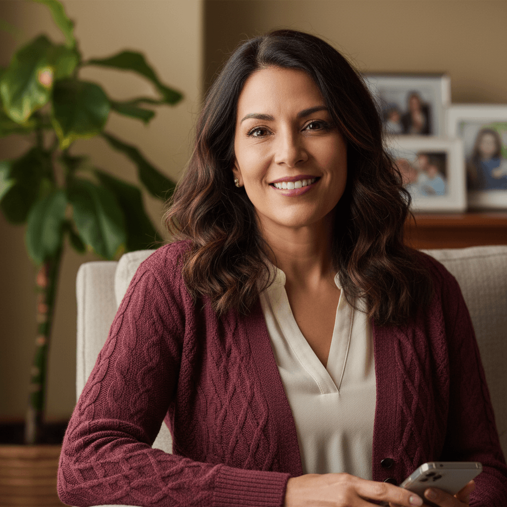 Aetna dental plan member smiling while reviewing coverage at home
