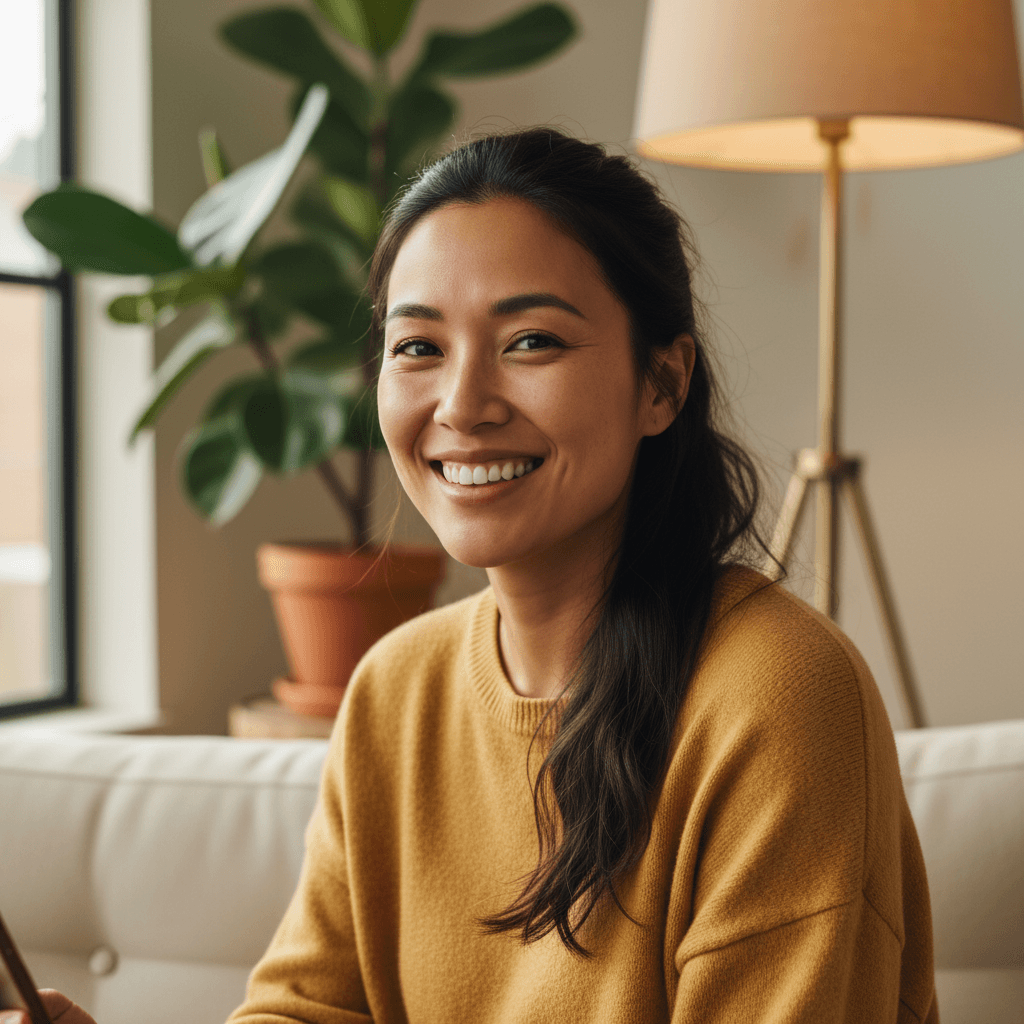 Patient smiling at home after learning about Centre Dental NYC financing options