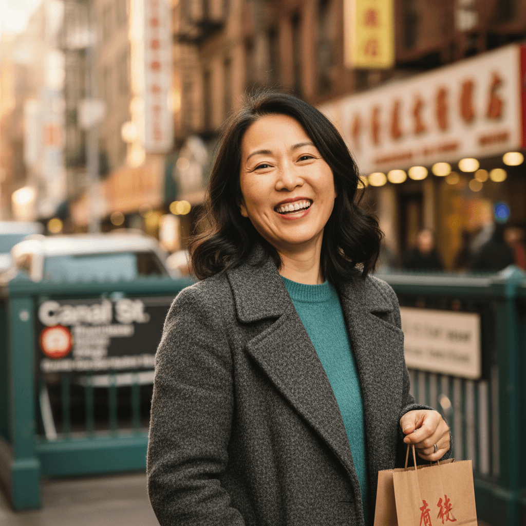 Longtime Chinatown NYC resident smiling on Canal Street near Centre Dental